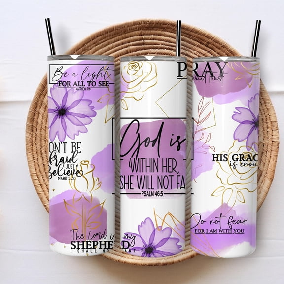 [NO STRAW] Floral Faith Affirmation Tumbler, Purple Flower Skinny Tumbler, Religious Tumbler , Jesus Tumbler for Christian, Cup for Prayer