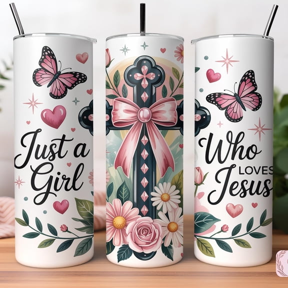 [NO STRAW] Just a Girl Who Loves Jesus Tumbler, 20Oz Skinny Stainless Steel Cup, Faith Inspired Christian Design, Spiritual Drinkware Gift for Her