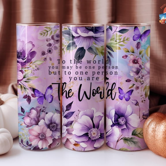 [NO STRAW] Purple Floral 20 oz Stainless Steel Tumbler, Inspirational Quotes, You Are The World Coffee Cup , Motivational Drinkware