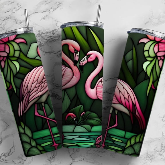 [NO STRAW] Stained Glass Flamingo Tumbler: Insulated Stainless Steel Travel Cup