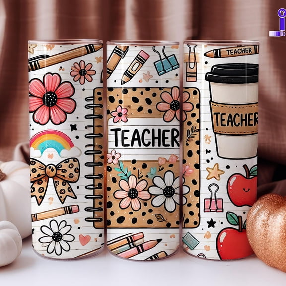 [NO STRAW] Teacher Appreciation Tumbler, Leopard & Coquette Floral 20oz Skinny Cup, Cute Teacher Gift, School Holiday Drinkware, Coffee Lover Gift