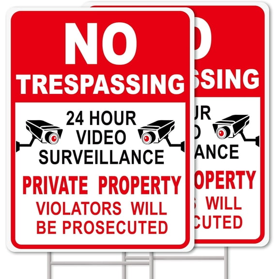 NO Trespassing Signs Private Property Video Surveillance Sign, Large 2-Pack No iron frame
