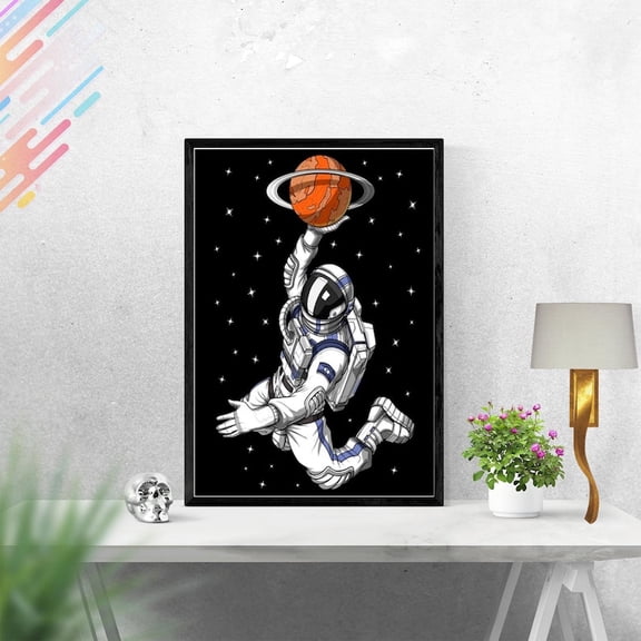 NO frameless Decor Gallery Astronaut Playing Basketball in Space Fantasy Wall Decor Poster Print Unframed Blue