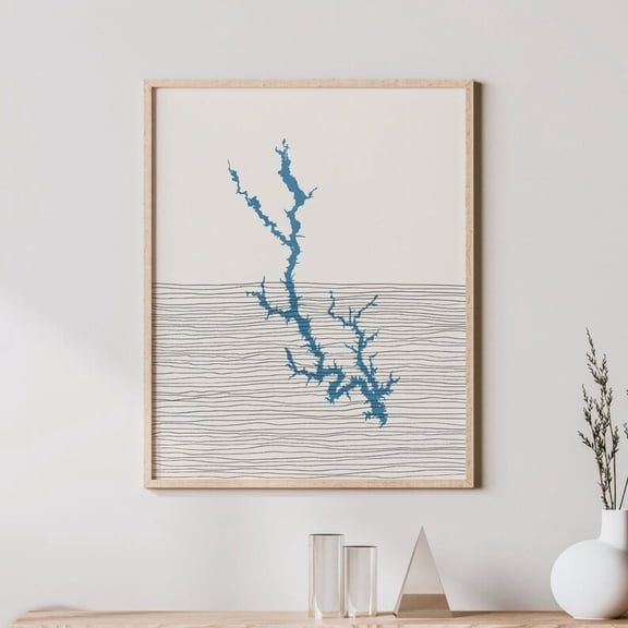 NO frameless Generic Boho Lake Oconee Georgia Map Art Print Poster for Lakehouse Wall Decor Blue and Gold