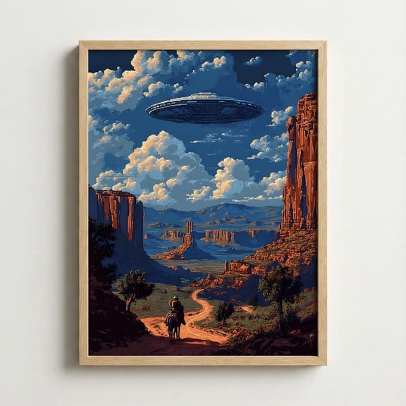NO frameless Generic Retro Pixel 8-Bit Cowboy and Alien Sci-Fi Western Wall Art Poster Print Multicolor