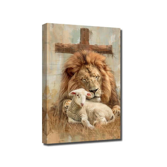 NO frameless GraceArt Lion and Lamb Cross Canvas Wall Art Print Multicolor