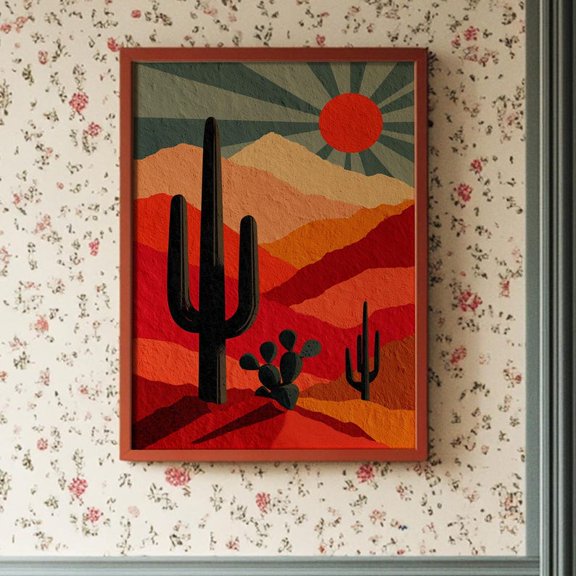 [NO frameless] ModernArt Co Abstract Sunrise with Saguaro Cactus Southwest Desert Landscape Poster Print Warm Pastel