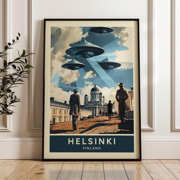 NO frameless Unbranded Helsinki Finland Cathedral Vintage Travel Poster Style UFO Alien Wall Art Poster Print Multicolor