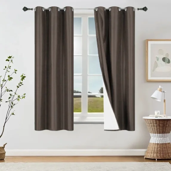 Gorgeous Home Linen NOA Blackout Window Grommet Curtain Sun Blocking Brown Color 63" Short Length 2 Panels Set