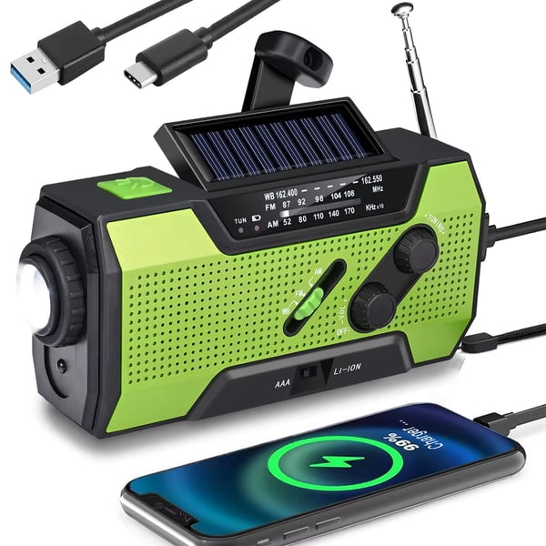 NOAA Emergency AM/FM/WB Radio with Flashlight, Reading Light, 4 Way Power Bank, SOS (GREEN)