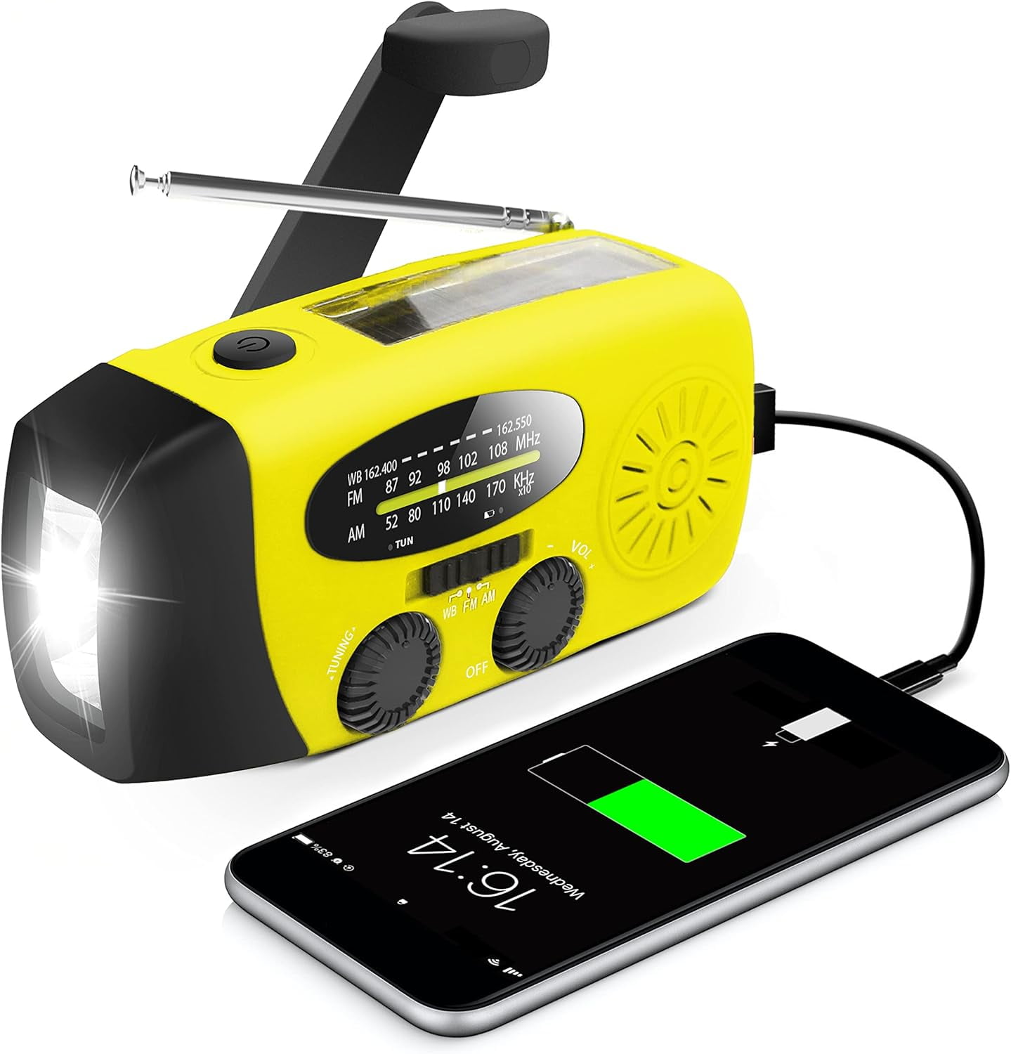 NOAA Emergency Hand Crank Radio - Solar/USB Powered with 2000mAh Power Bank & LED Flashlight, Portable Weather Radio for Camping & Disaster Preparedness