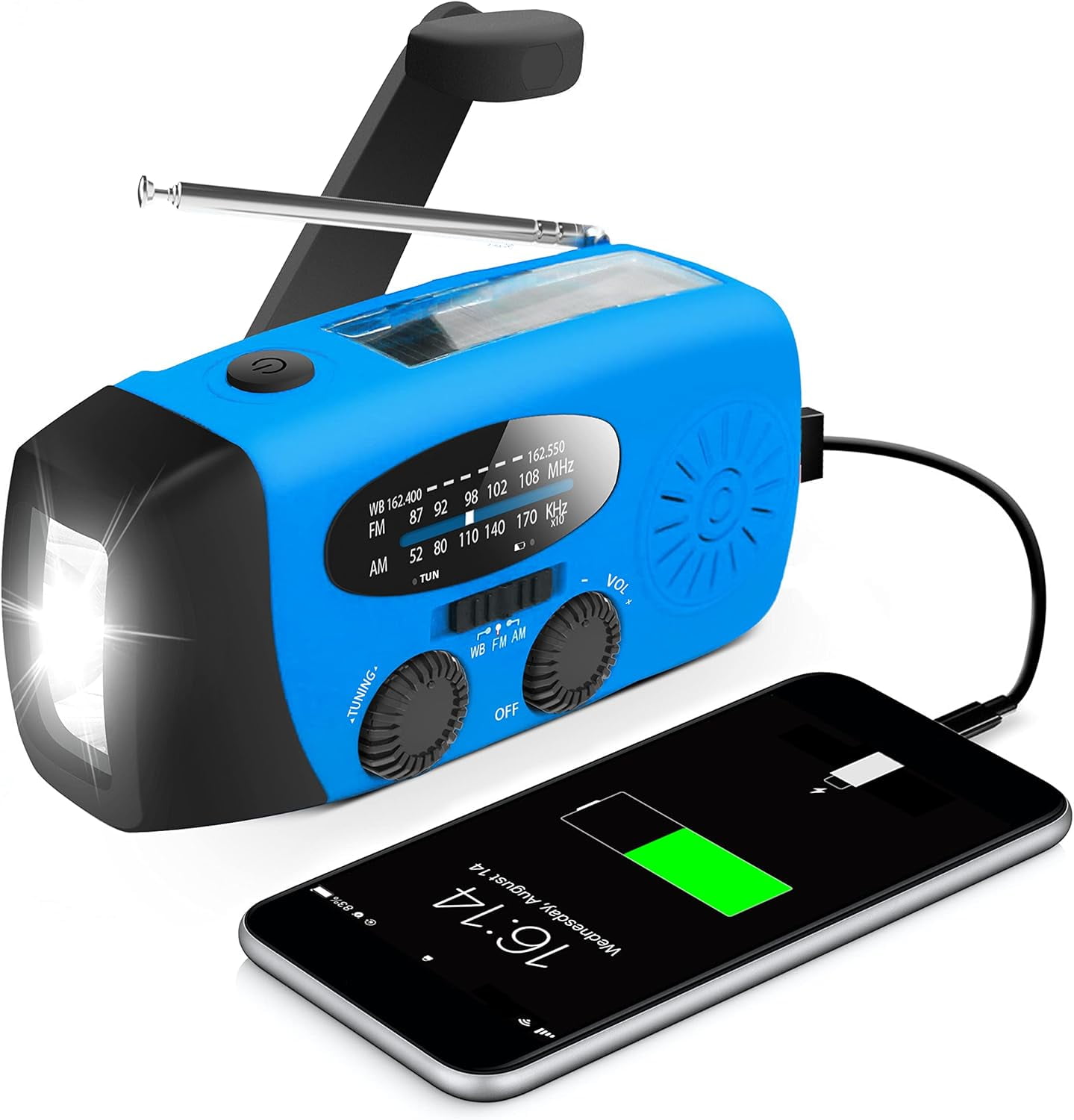 NOAA Emergency Hand Crank Radio - Solar/USB Powered with 2000mAh Power Bank & LED Flashlight, Portable Weather Radio for Camping & Disaster Preparedness