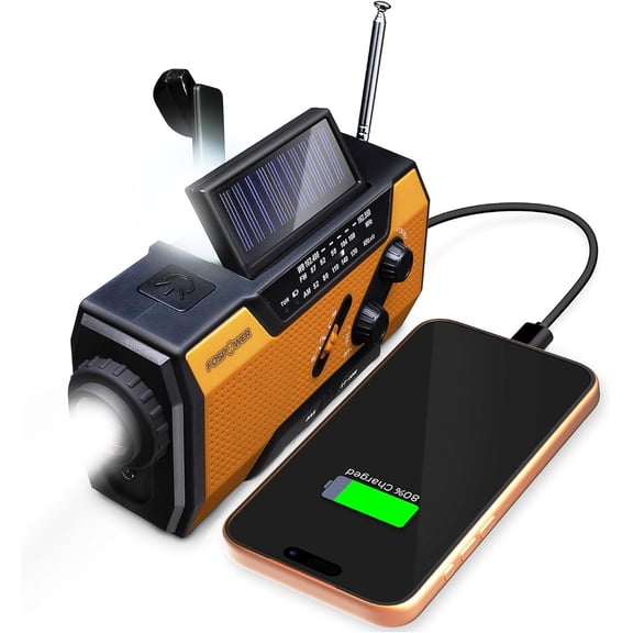 NOAA Emergency Weather Radio A1 7400mWh Portable Power Bank, AM/FM, USB/Solar/Hand Crank Charging, Battery Operated, SOS Alarm & Flashlight for Indoor/Outdoor Emergency - Orange