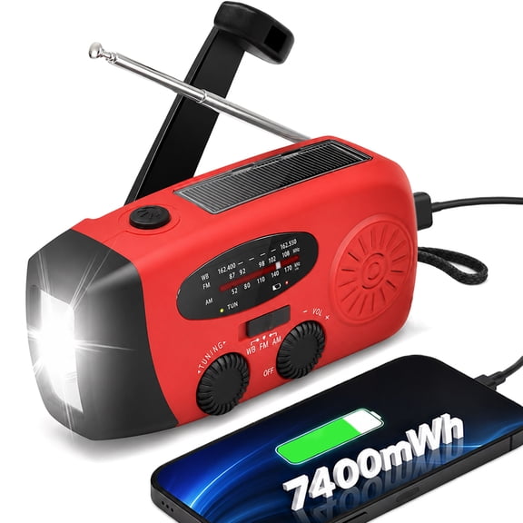Emergency Hand Crank Radio 7400mWh with LED Flashlight, AM/FM/NOAA Portable Weather Radio with Built-in 2000mAh Battery, Solar Powered Radio for Indoor Outdoor Survival Camping