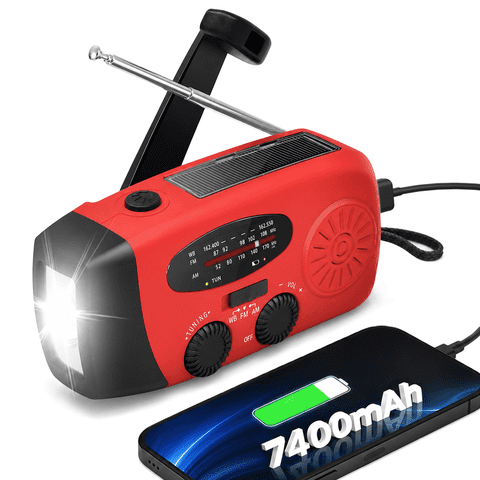 Emergency Hand Crank Radio 7400mWh with LED Flashlight, AM/FM/NOAA Portable Weather Radio with Built-in 2000mAh Battery, Solar Powered Radio for Indoor Outdoor Survival Camping