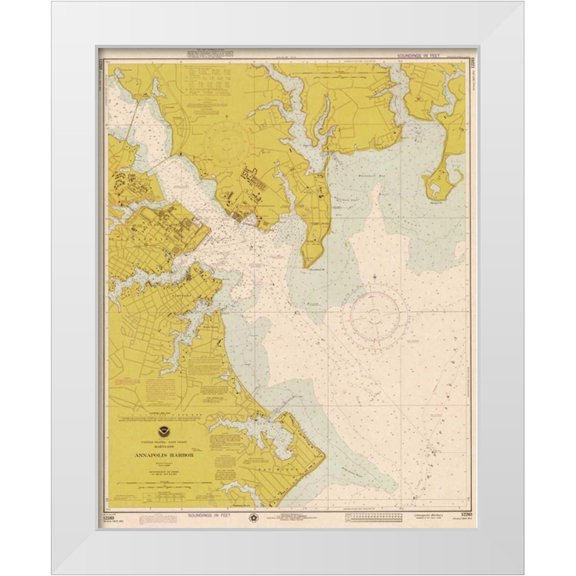 NOAA Historical Map-Chart 12x14 White Modern Wood Framed Museum Art Print Titled - Nautical Chart - Annapolis Harbor ca. 1975 - Sepia Tinted