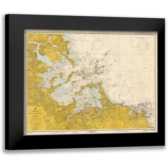 NOAA Historical Map-Chart 14x12 Black Modern Framed Museum Art Print Titled - Nautical Chart - Boston Harbor ca. 1970 - Sepia Tinted
