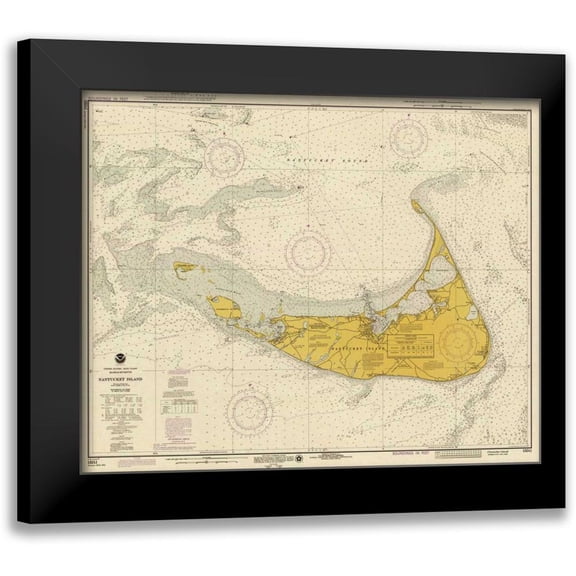 NOAA Historical Map-Chart 14x12 Black Modern Framed Museum Art Print Titled - Nautical Chart - Nantucket Island ca. 1975 - Sepia Tinted