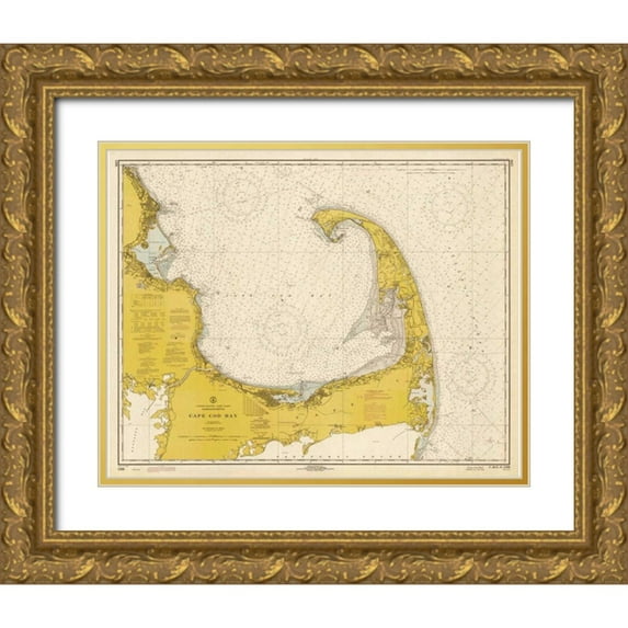 NOAA Historical Map-Chart 18x15 Gold Ornate Wood Framed with Double Matting Museum Art Print Titled - Nautical Chart - Cape Cod Bay ca. 1970 - Sepia Tinted