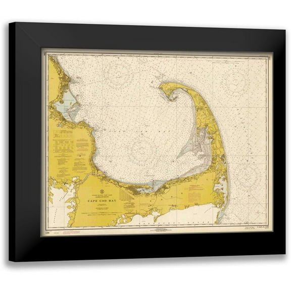 NOAA Historical Map-Chart 24x20 Black Modern Framed Museum Art Print Titled - Nautical Chart - Cape Cod Bay ca. 1970 - Sepia Tinted