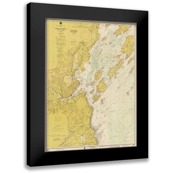 NOAA Historical Map and Chart Collection 11x14 Black Modern Framed Museum Art Print Titled - Nautical Chart - Portland Harbor and Vicinity ca. 1974 - Sepia Tinted