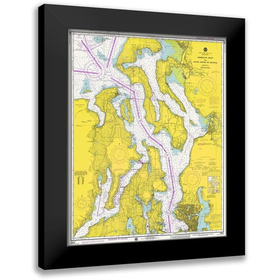 NOAA Historical Map and Chart Collection 12x14 Black Modern Framed Museum Art Print Titled - Nautical Chart - Admiralty Inlet and Puget Sound to Seattle ca. 1975