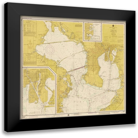 NOAA Historical Map and Chart Collection 13x12 Black Modern Framed Museum Art Print Titled - Nautical Chart - Tampa Bay - Northern Part ca. 1975 - Sepia Tinted