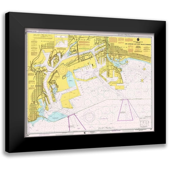 NOAA Historical Map and Chart Collection 14x12 Black Modern Framed Museum Art Print Titled - Nautical Chart - Los Angeles and Long Beach Harbors ca. 1998