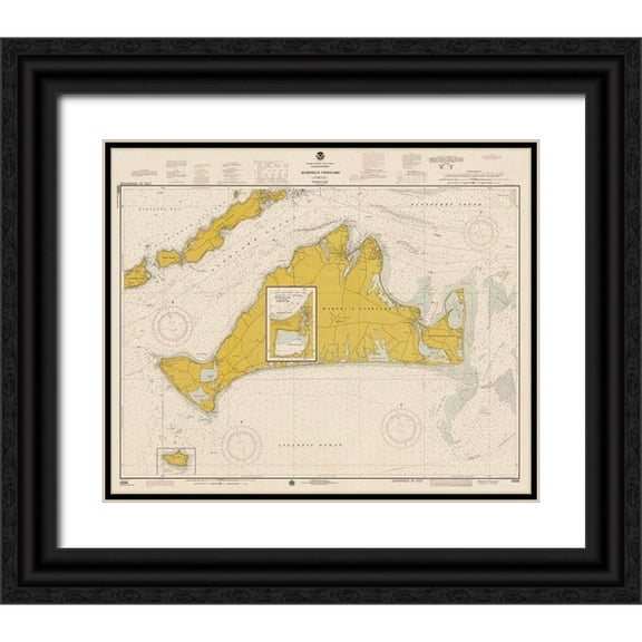 NOAA Historical Map and Chart Collection 14x12 Black Ornate Wood Framed with Double Matting Museum Art Print Titled - Nautical Chart - Marthas Vineyard ca. 1975 - Sepia Tinted