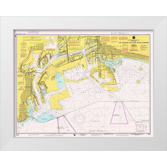 NOAA Historical Map and Chart Collection 14x12 White Modern Wood Framed Museum Art Print Titled - Nautical Chart - Los Angeles and Long Beach Harbors ca. 1998