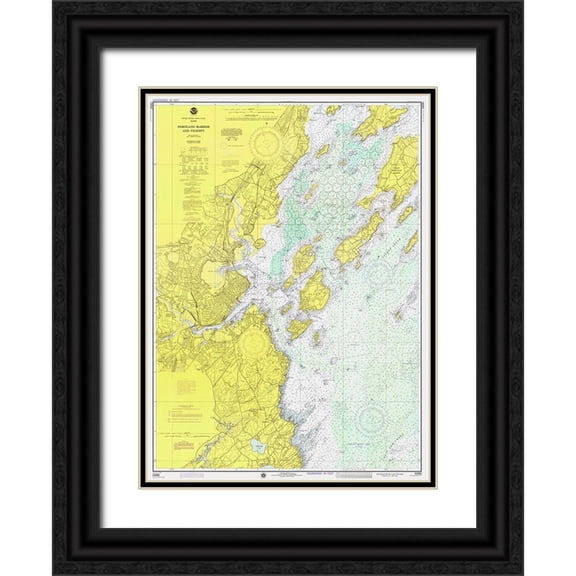 NOAA Historical Map and Chart Collection 14x18 Black Ornate Wood Framed with Double Matting Museum Art Print Titled - Nautical Chart - Portland Harbor and Vicinity ca. 1974