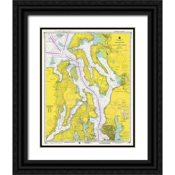 NOAA Historical Map and Chart Collection 20x24 Black Ornate Wood Framed with Double Matting Museum Art Print Titled - Nautical Chart - Admiralty Inlet and Puget Sound to Seattle ca. 1975