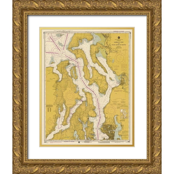 NOAA Historical Map and Chart Collection 20x24 Gold Ornate Wood Framed with Double Matting Museum Art Print Titled - Nautical Chart - Admiralty Inlet and Puget Sound to Seattle ca. 1975 - Sepia Tinted