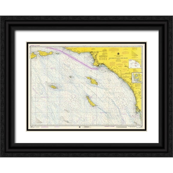 NOAA Historical Map and Chart Collection 24x19 Black Ornate Wood Framed with Double Matting Museum Art Print Titled - Nautical Chart - San Diego to Santa Rosa Island ca. 1975