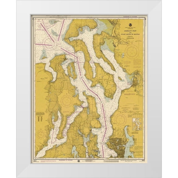 NOAA Historical Map and Chart Collection 26x32 White Modern Wood Framed Museum Art Print Titled - Nautical Chart - Admiralty Inlet and Puget Sound to Seattle ca. 1975 - Sepia Tinted