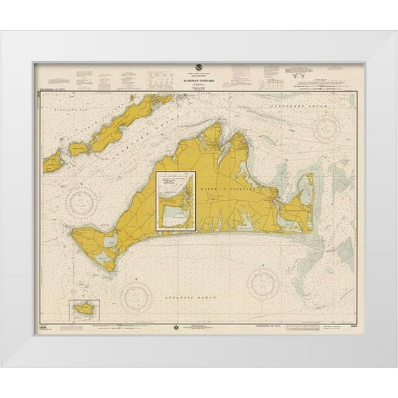NOAA Historical Map and Chart Collection 31x26 White Modern Wood Framed Museum Art Print Titled - Nautical Chart - Marthas Vineyard ca. 1975 - Sepia Tinted