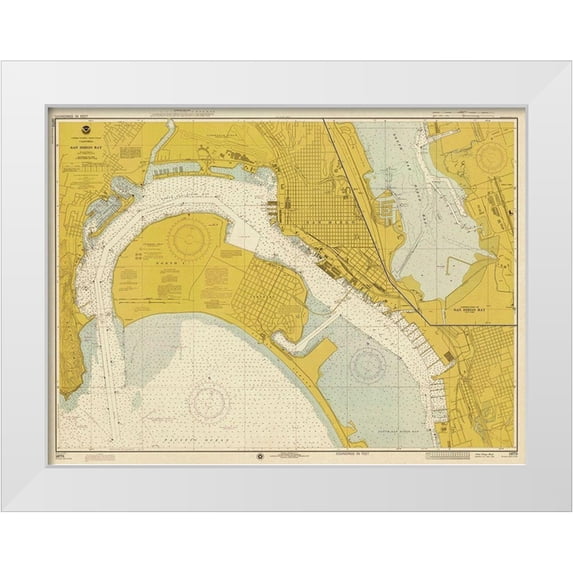 NOAA Historical Map and Chart Collection 32x25 White Modern Wood Framed Museum Art Print Titled - Nautical Chart - San Diego Bay ca. 1974 - Sepia Tinted