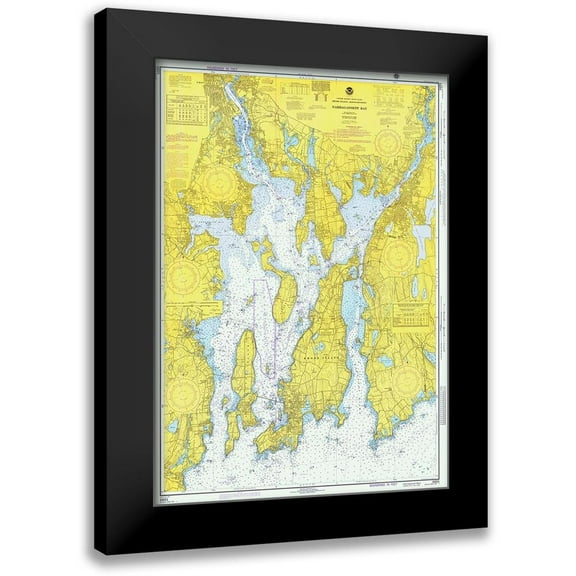 NOAA Historical Map and Chart Collection 11x14 Black Modern Framed Museum Art Print Titled - Nautical Chart - Narragansett Bay ca. 1975