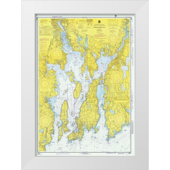 NOAA Historical Map and Chart Collection 11x14 White Modern Wood Framed Museum Art Print Titled - Nautical Chart - Narragansett Bay ca. 1975