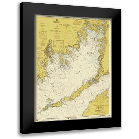NOAA Historical Map and Chart Collection 12x14 Black Modern Framed Museum Art Print Titled - Nautical Chart - Buzzards Bay ca. 1974 - Sepia Tinted