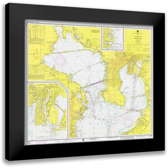 NOAA Historical Map and Chart Collection 13x12 Black Modern Framed Museum Art Print Titled - Nautical Chart - Tampa Bay - Northern Part ca. 1975