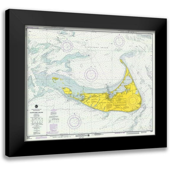 NOAA Historical Map and Chart Collection 14x12 Black Modern Framed Museum Art Print Titled - Nautical Chart - Nantucket Island ca. 1975