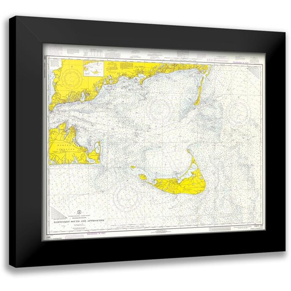 NOAA Historical Map and Chart Collection 14x12 Black Modern Framed Museum Art Print Titled - Nautical Chart - Nantucket Sound and Approaches ca. 1973