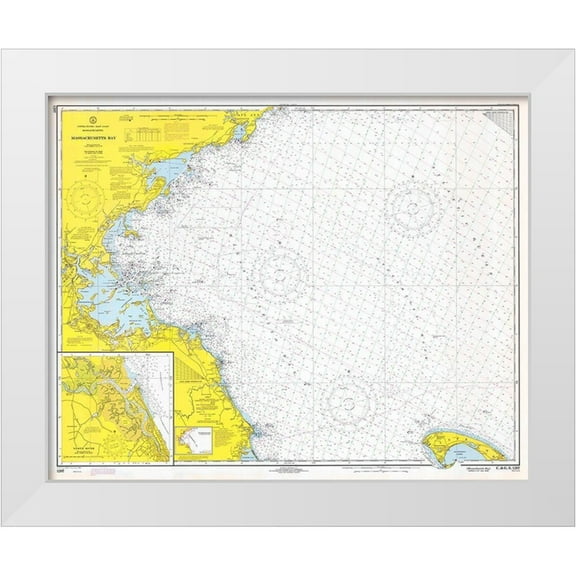 NOAA Historical Map and Chart Collection 14x12 White Modern Wood Framed Museum Art Print Titled - Nautical Chart - Massachusetts Bay ca. 1970