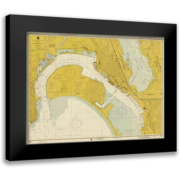 NOAA Historical Map and Chart Collection 18x14 Black Modern Framed Museum Art Print Titled - Nautical Chart - San Diego Bay ca. 1974 - Sepia Tinted