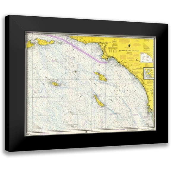 NOAA Historical Map and Chart Collection 24x19 Black Modern Framed Museum Art Print Titled - Nautical Chart - San Diego to Santa Rosa Island ca. 1975