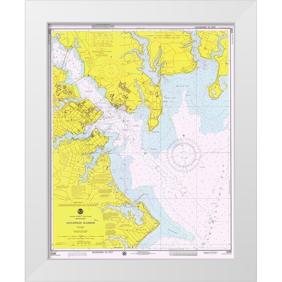 NOAA Historical Map and Chart Collection 26x32 White Modern Wood Framed Museum Art Print Titled - Nautical Chart - Annapolis Harbor ca. 1975