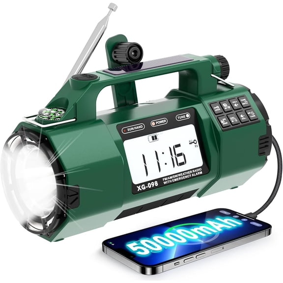 NOAA Weather Alert Radio, 5000mAh AM/FM Portable Radio with Solar, Hand Crank & AC Power, Replaceable , Flashlight, SOS , Clock & Headphone Jack for  & Outdoor