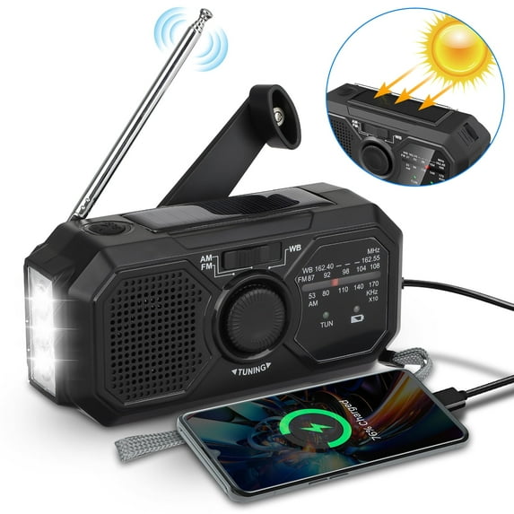 NOAA Weather Radio, EEEkit Portable Battery Operated Radio with LED Flashlight, 1200mAh Power Bank, SOS Alarm, FM AM SW Emergency Solar Hand Crank Radio for Camping, Hiking, Traveling