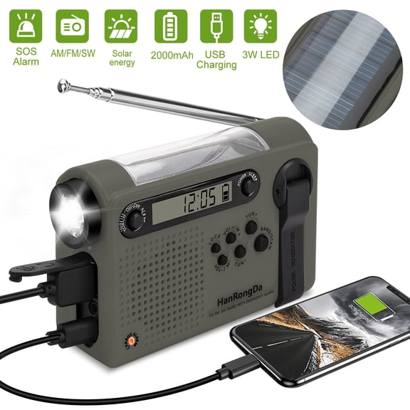 NOAA Weather Radio, Emergency Solar Hand Crank Radio with SOS Alarm, LED Flashlight, LCD Display, Cell Phone Charger, FM/AM Transistor Radio with 2000mAh Power Bank for Camping Hiking Traveling